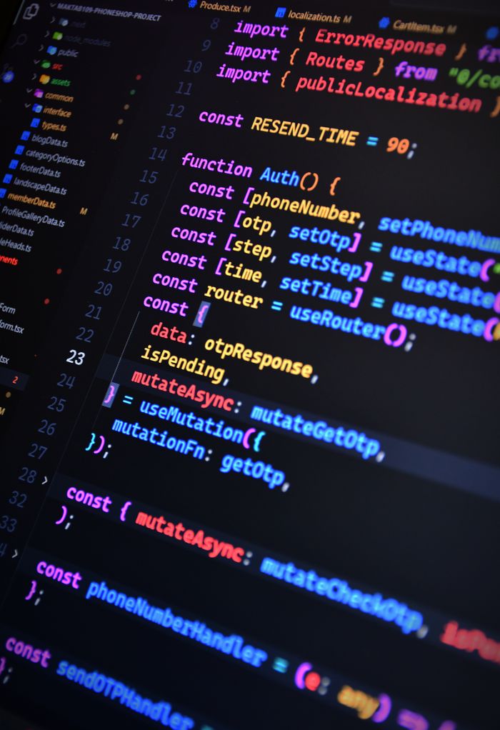 Vibrant JavaScript code on a screen showcasing front-end development with syntax highlighting.